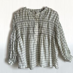 Max Studio Plaid Smocked Blouse Yellow M Cottagecore Boho Prairie Chic Top